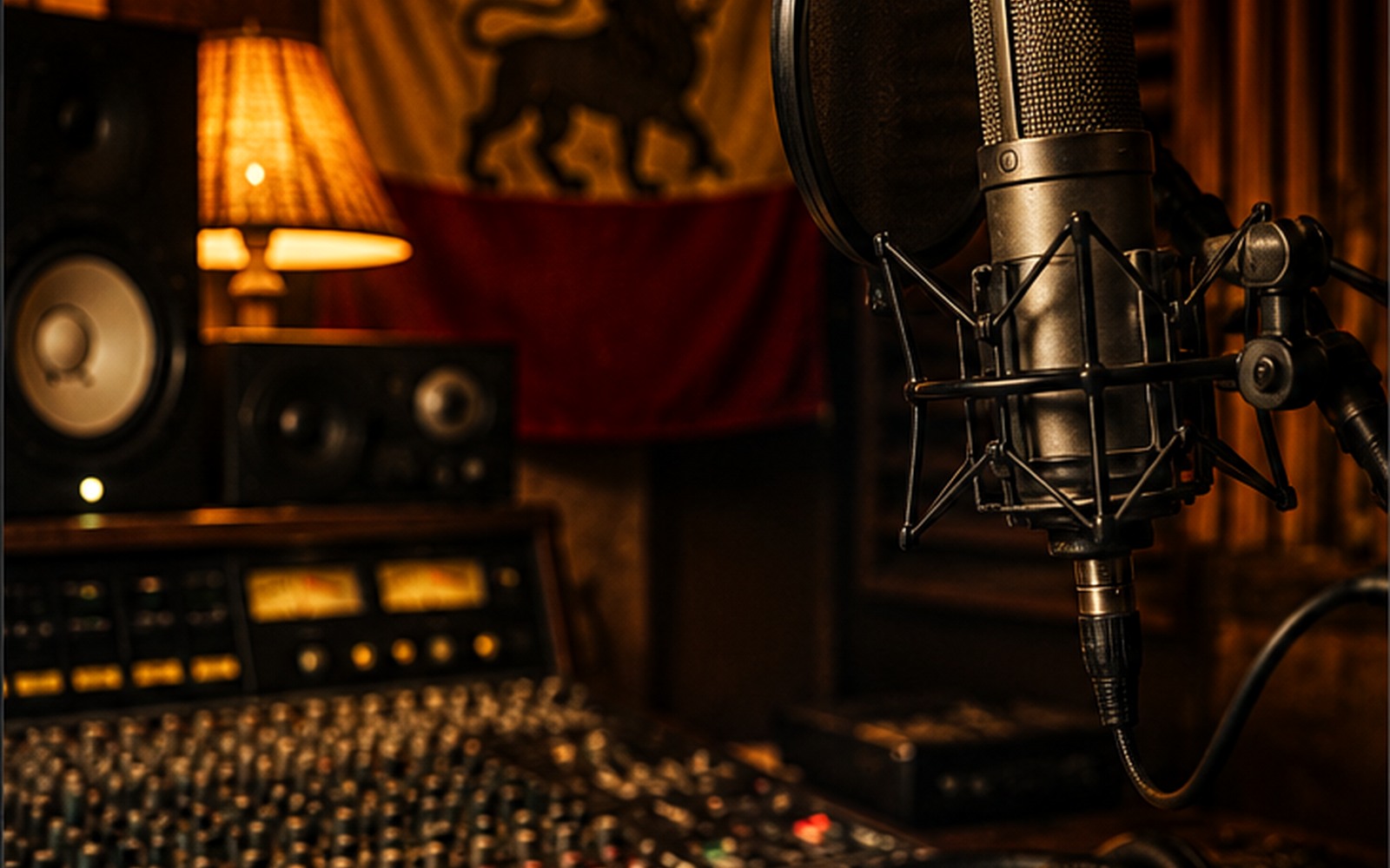Reggae recording studio with microphone and mixing desk